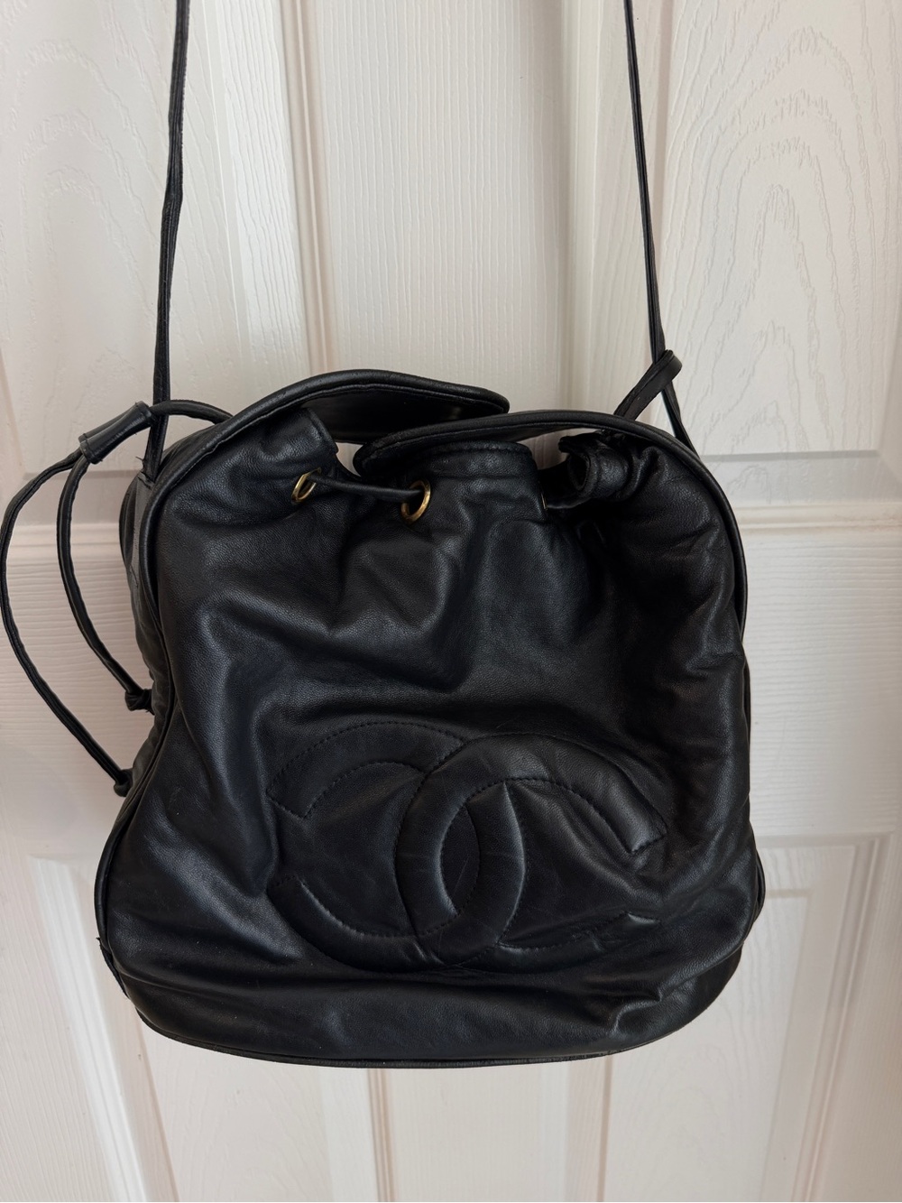 Chanel Hobo Bucket Bag 1970s Side Cinch Black Lamb Skin Inside & Out Tassel RARE